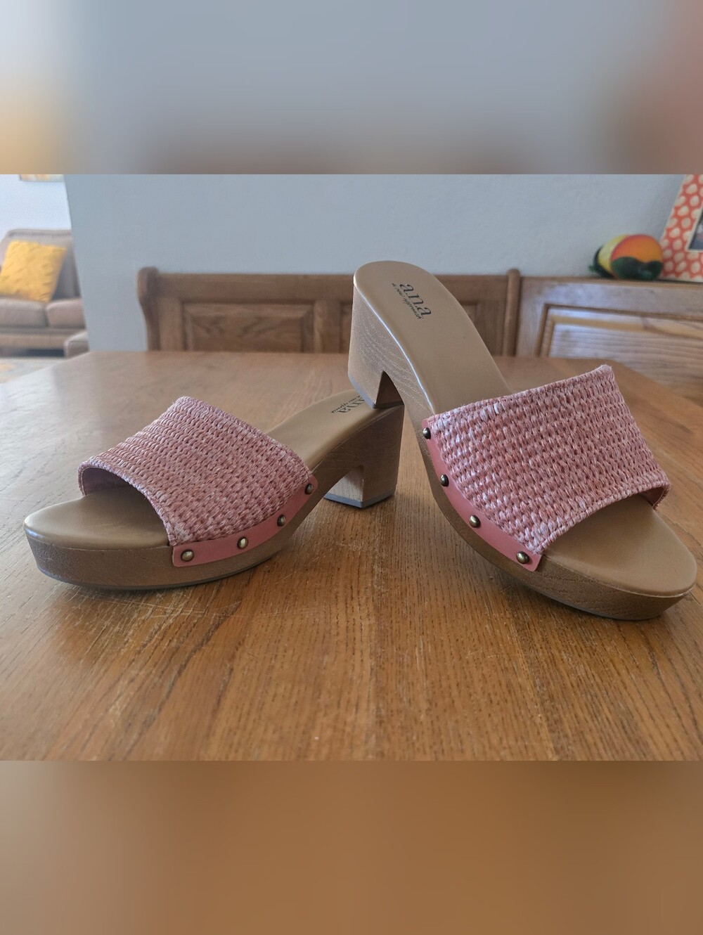 a.n.a Pink Distressed Woven Slide Block Heeled Sandals Shoes-Size 8.5